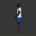 White Football Jersey With Nike Logo Blue Shorts Red Blue Striped Socks And Gray Shoes