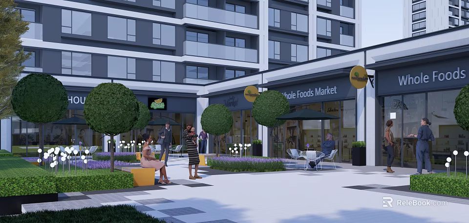 Modern Garden Landscape With Trees Shrubs Seating Areas In Plaza Near Whole Foods Market 3d model 