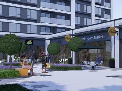 Modern Garden Landscape With Trees Shrubs Seating Areas In Plaza Near Whole Foods Market 3d model