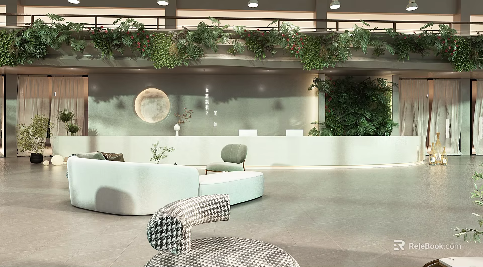 Modern Front Desk Reception Area with Green Plants Circular Decor and Sofa 3d model 
