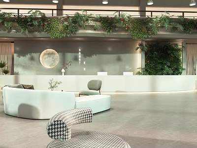 Modern Front Desk Reception Area with Green Plants Circular Decor and Sofa 3d model