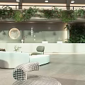 Modern Front Desk Reception Area with Green Plants Circular Decor and Sofa