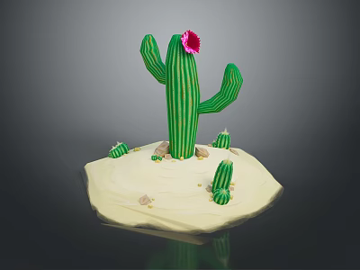 Green Cactus with Pink Flower on Sandy Ground Surrounded by Small Cacti 3d model