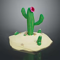 Green Cactus with Pink Flower on Sandy Ground Surrounded by Small Cacti