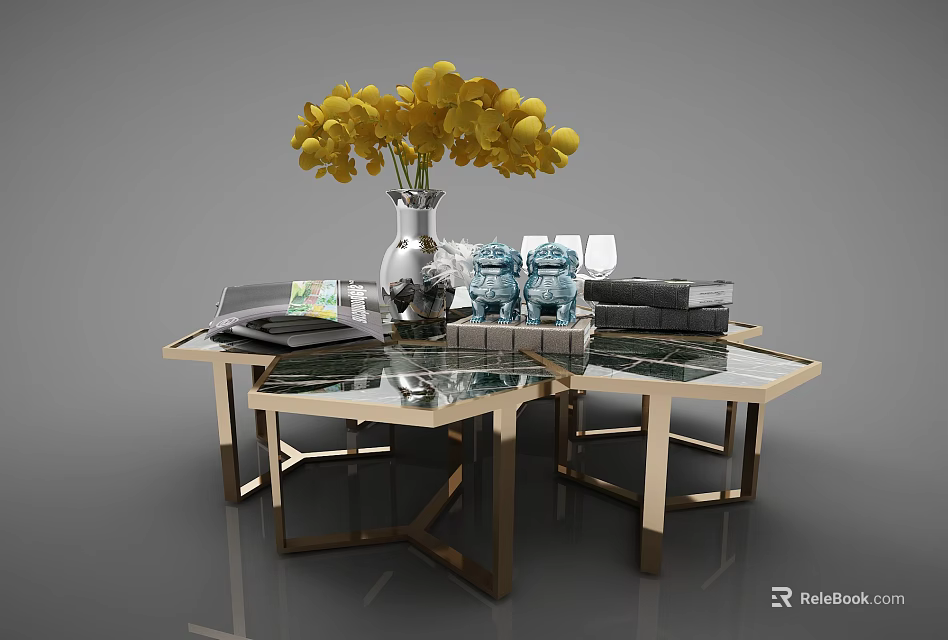Modern Nesting Coffee Tables With Glass Top Golden Metal Frame Yellow Flowers Vase And Books 3d model 