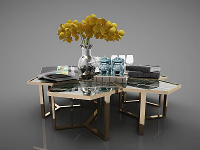 Modern Nesting Coffee Tables With Glass Top Golden Metal Frame Yellow Flowers Vase And Books 3d model