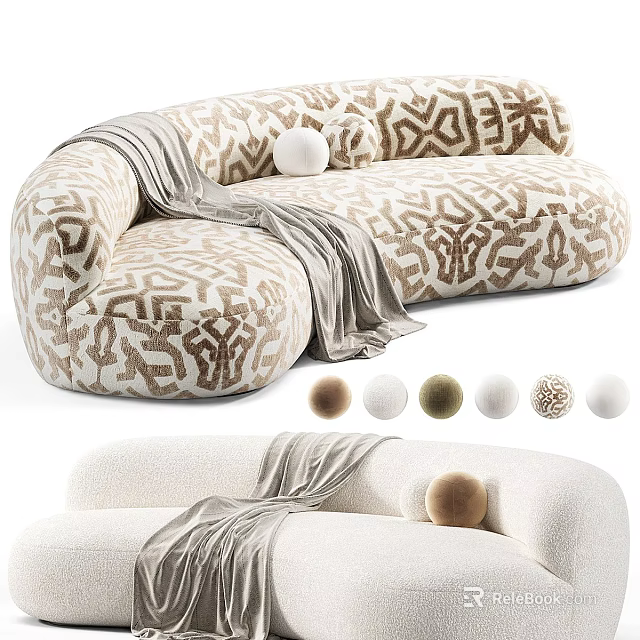 Stylish Multi Person Sofa With Patterned Upholstery Throw Blanket And Decorative Balls 3d model 