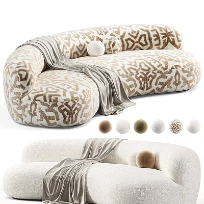 Stylish Multi Person Sofa With Patterned Upholstery Throw Blanket And Decorative Balls 3d model