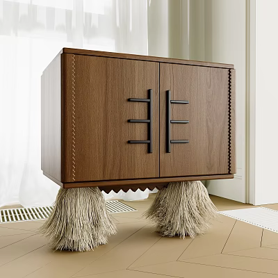 Modern Wooden Console Table With Cabinet Doors Black Handles And Tassel Legs 3d model