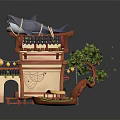 Cartoon Scene with Traditional Chinese Building Shark on Roof Small Boat and Green Plants