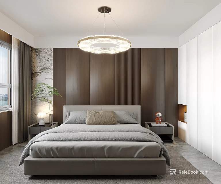 Modern Bedroom Interior Design With Wooden Wall Paneling Gray Bedding And Round Pendant Light 3d model 