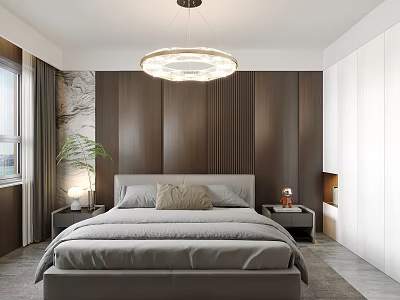 Modern Bedroom Interior Design With Wooden Wall Paneling Gray Bedding And Round Pendant Light 3d model