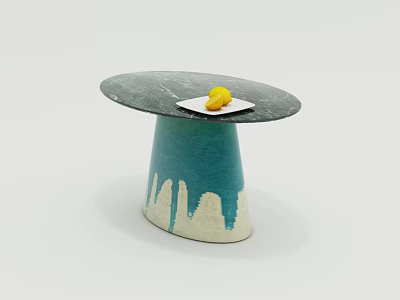 Coffee Table With Round Slate Top Teal Conical Base White Mountain Accents And Yellow Fruit 3d model
