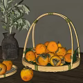 Fresh Persimmons in Bamboo Basket on Wooden Table with Small Plates and Green Plant