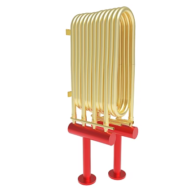 Modern Golden Vertical Radiator With Red Stands And Heating Coils 3d model