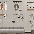 Stylish Wall Hooks Organizing Clothes Bags Hats in Modern Home Interior With Bench And Plant