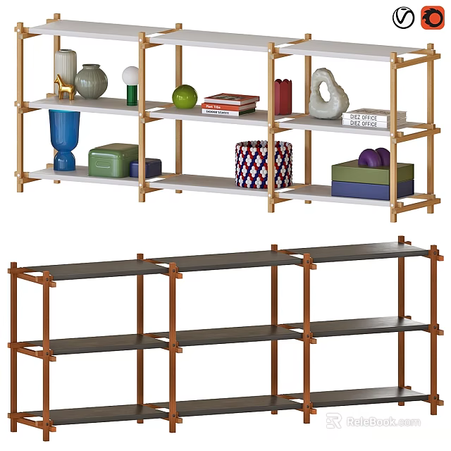 Modern Shelving Unit With Wooden Frame Displaying Books Vases And Storage Boxes For Interior Decor 3d model 