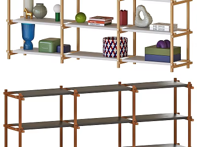 Modern Shelving Unit With Wooden Frame Displaying Books Vases And Storage Boxes For Interior Decor 3d model