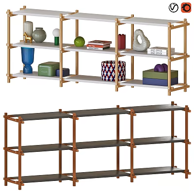 Modern Shelving Unit With Wooden Frame Displaying Books Vases And Storage Boxes For Interior Decor 3d model