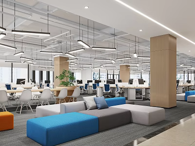 Bright Modern Office Lounge Area With Colorful Modular Sofas Next To Open Workstations 3d model