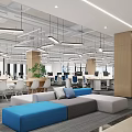 Bright Modern Office Lounge Area With Colorful Modular Sofas Next To Open Workstations