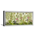 Botanical Painting With Green Plants Pink Flowers Butterflies Birds In Silver Frame On Blue Wall