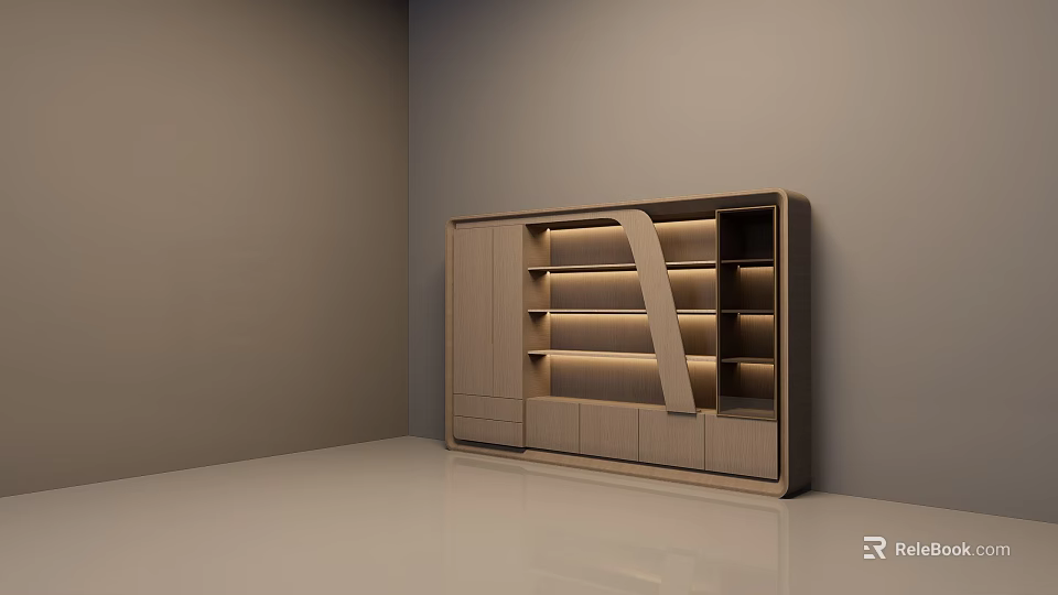 Modern Office Interior Featuring Wooden Shelving Built in Cabinet And LED Lighting 3d model 