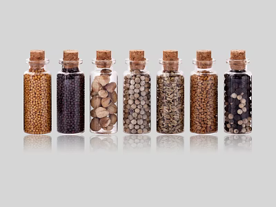 Assorted Spice Bottles with Cork Stoppers and Transparent Glass Containing Various Spices 3d model