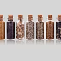Assorted Spice Bottles with Cork Stoppers and Transparent Glass Containing Various Spices