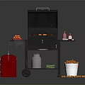 Grilled Sausages and Carrot Sticks on Outdoor BBQ Grill with Condiment Bottles and Snack Bucket