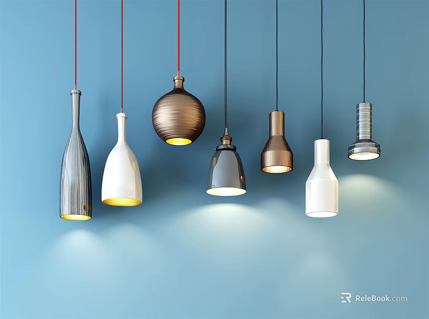 Various Shaped Pendant Lights Hanging On Blue Wall With Different Designs 3d model