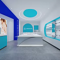 White And Blue Modern Retail Store Interior With Round Ceiling Glass Display Counter And Poster