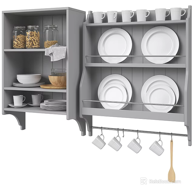 Gray Kitchenware Storage Shelves With White Dishes Hanging Mugs Jars And Wooden Spoon 3d model 