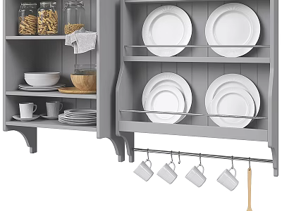 Gray Kitchenware Storage Shelves With White Dishes Hanging Mugs Jars And Wooden Spoon 3d model