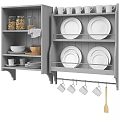 Gray Kitchenware Storage Shelves With White Dishes Hanging Mugs Jars And Wooden Spoon