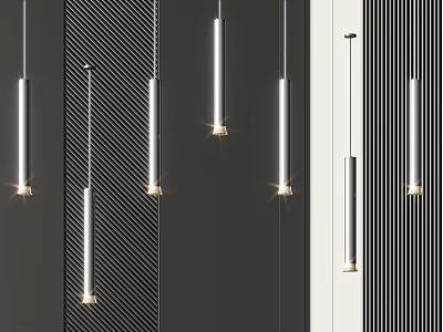Modern Sleek Pendant Lights With Metal Tubes Hanging In Contemporary Striped Interior Design 3d model