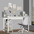 Minimalist Home Workspace With White Desk Chair Desk Lamp Blinds Wall Decor And Bookshelf