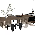 Modern Wooden Tea Table and Chairs with Lattice Base Potted Plant and Stone Side Table