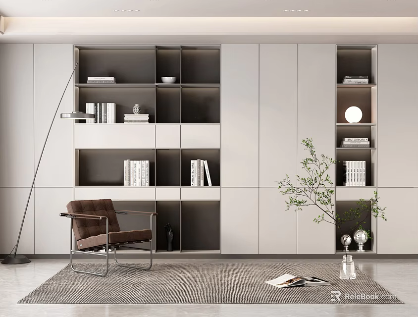 Modern Bookshelf with Open Compartments Books Decor Brown Armchair and Floor Lamp 3d model 