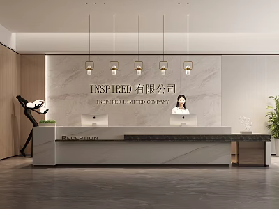 Modern Reception Area With Marble Counter Pendant Lights Receptionist And Company Logo 3d model