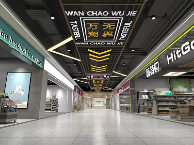 Modern Shopping Mall Hall With Spacious Aisle Ceiling Stripes And Storefronts 3d model