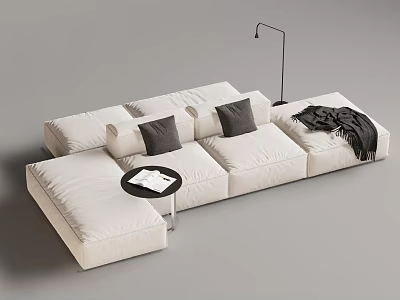 White Sectional Sofa With Dark Cushions Small Round Table Book Floor Lamp And Blanket 3d model