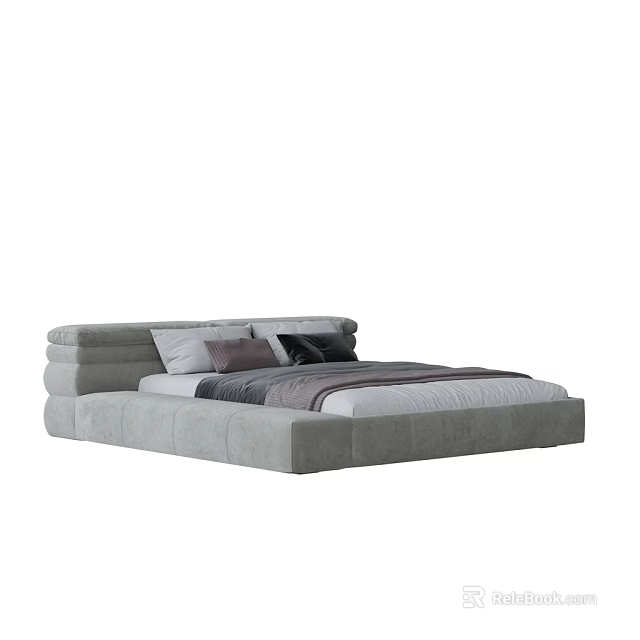 Modern Double Bed With Upholstered Headboard Soft Gray Fabric And Comfortable Bedding 3d model