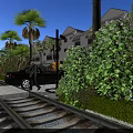 Scenic Urban Roadside Infrastructure With Rail Tracks Sidewalk Parked Car And Palm Trees
