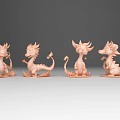 Four Blue And Orange Flying Dragons Sitting On Black Smooth Surface With Reflections 3d model