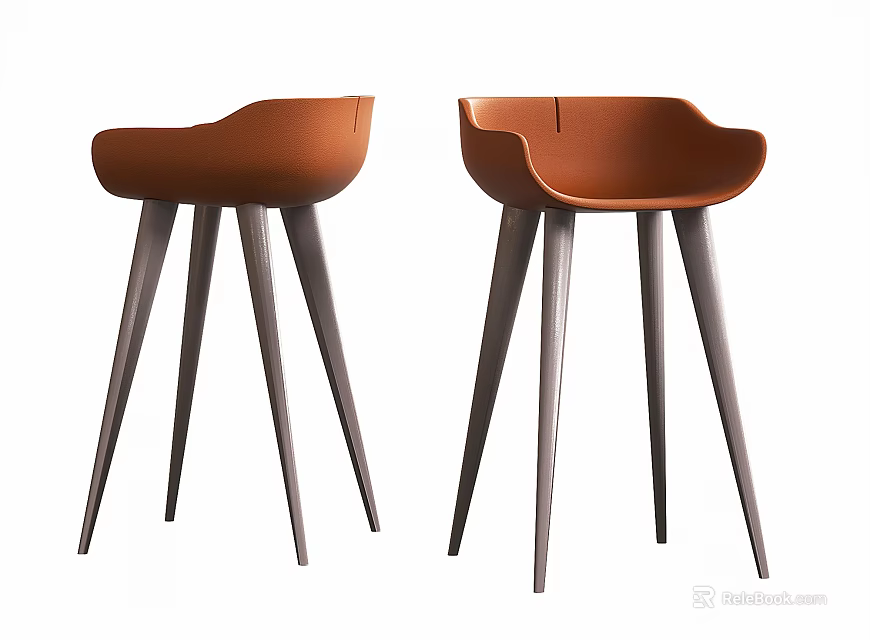 Two Brown Modern Bar Stools With Curved Backrest And Slender Gray Legs 3d model 