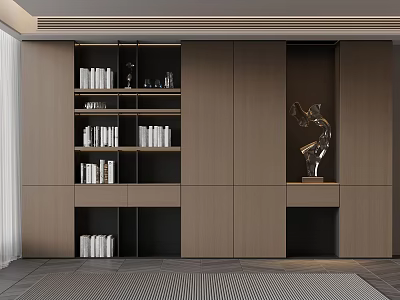 Stylish Modern Bookcase Interior With Wooden Shelves Books And Decorative Sculpture 3d model