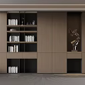 Stylish Modern Bookcase Interior With Wooden Shelves Books And Decorative Sculpture