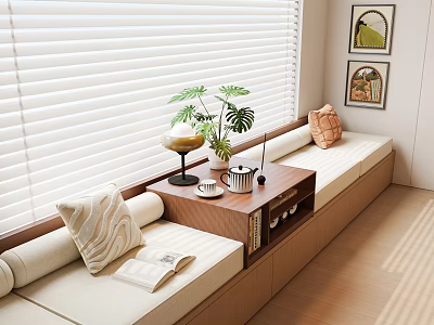 Modern Wooden Bay Window Cabinet With Cushions Potted Plant Side Table And Books 3d model