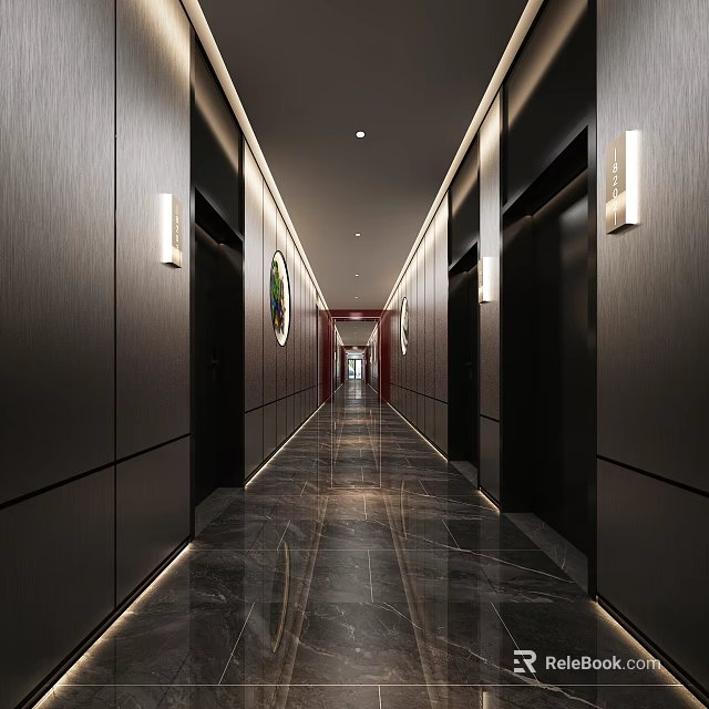 Hotel Corridor Interior With Dark Paneled Walls Marble Floor Elevator Doors And Wall Mounted Lights 3d model 